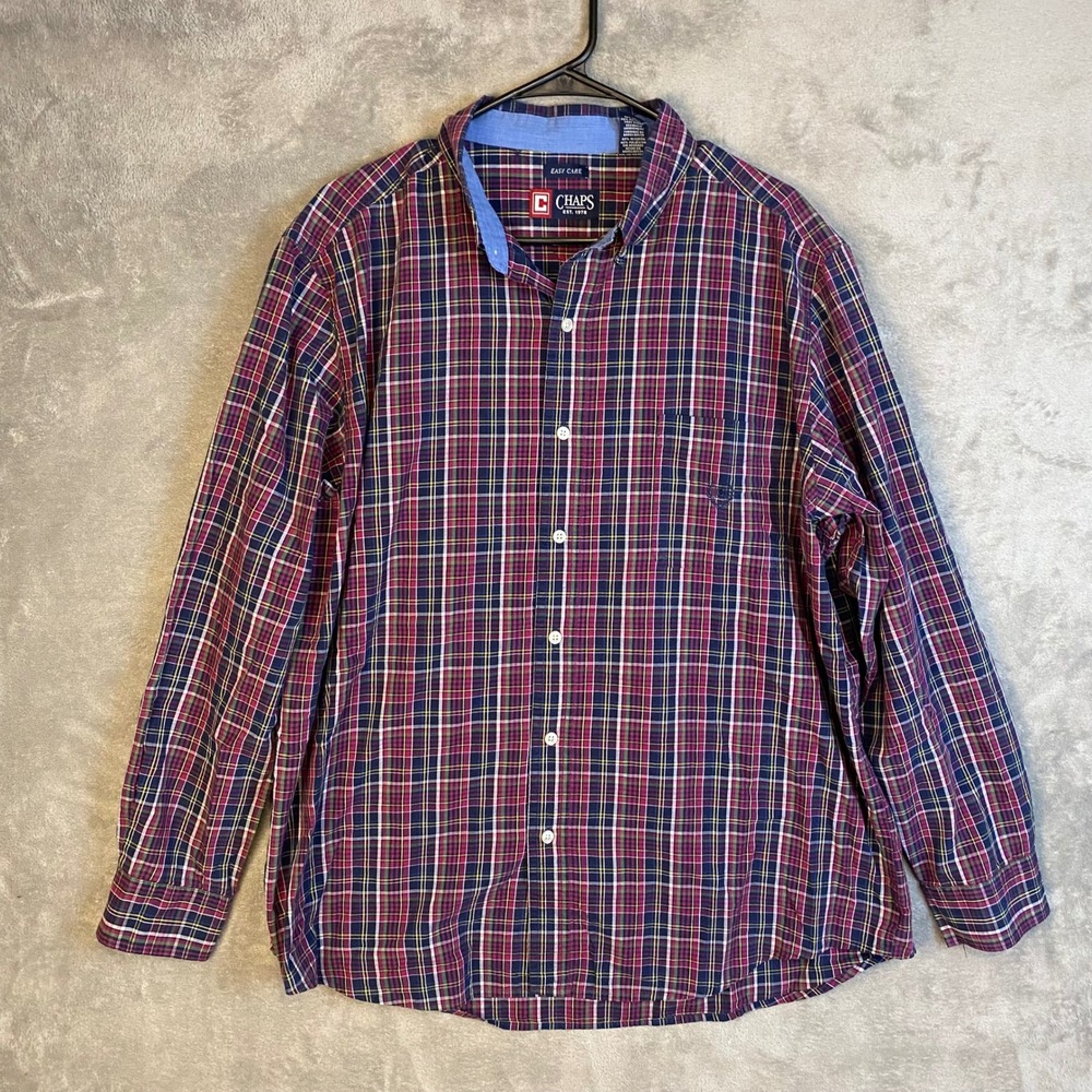 Chaps Button Down Shirt Mens XL Easy Care Navy Burgundy Plaid EUC